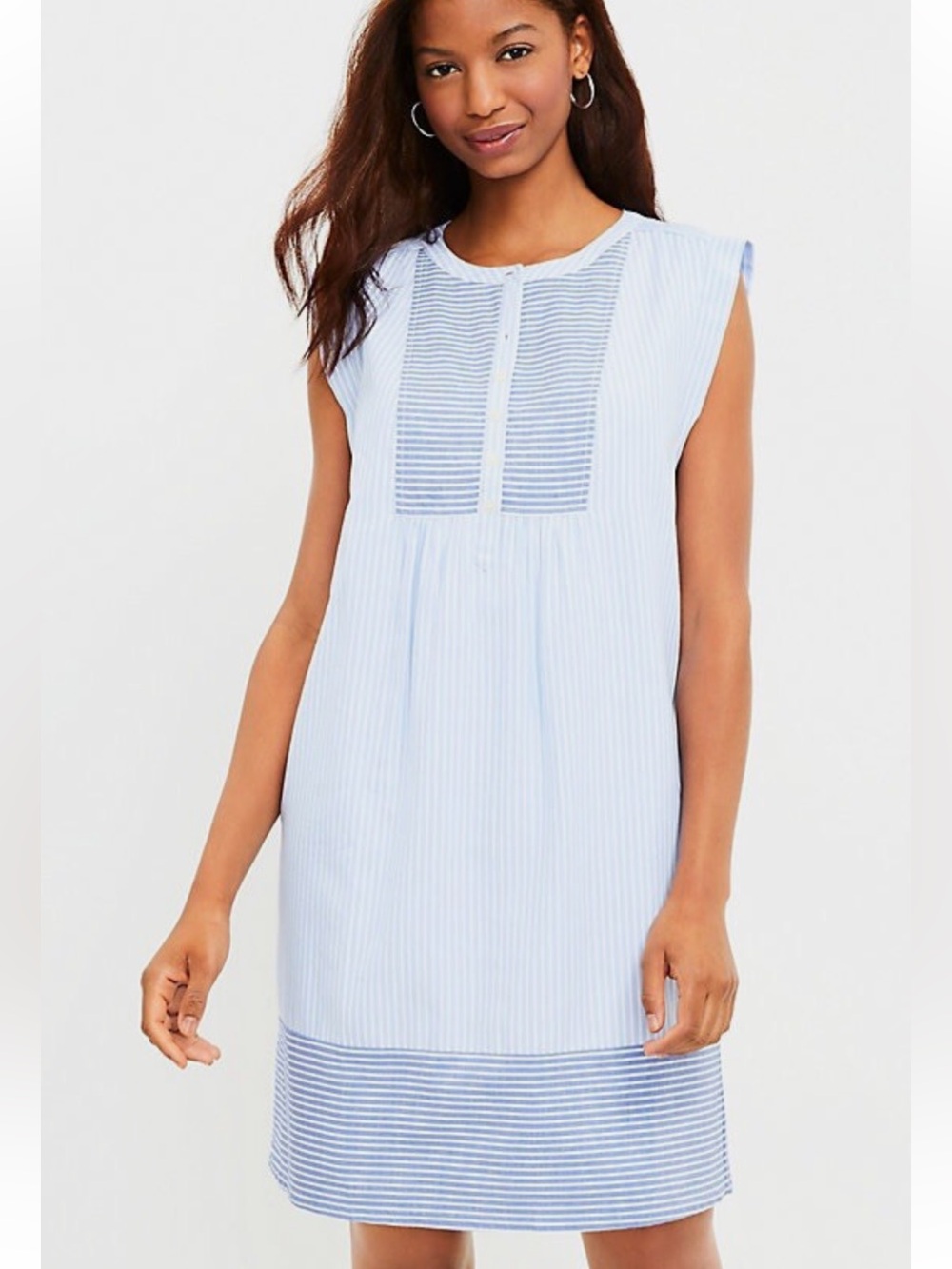 NWT-LOFT - Striped Henley Shift Dress - Sky Blue-Small